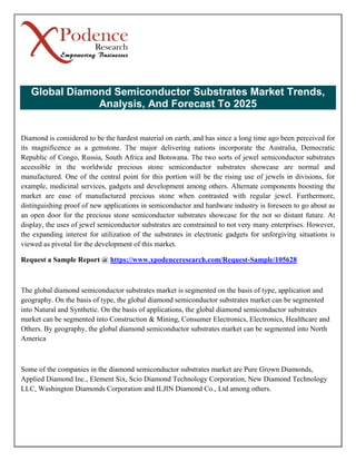 Global Diamond Semiconductor Substrates Market Trends,
Analysis, And Forecast To 2025
Diamond is considered to be the hardest material on earth, and has since a long time ago been perceived for
its magnificence as a gemstone. The major delivering nations incorporate the Australia, Democratic
Republic of Congo, Russia, South Africa and Botswana. The two sorts of jewel semiconductor substrates
accessible in the worldwide precious stone semiconductor substrates showcase are normal and
manufactured. One of the central point for this portion will be the rising use of jewels in divisions, for
example, medicinal services, gadgets and development among others. Alternate components boosting the
market are ease of manufactured precious stone when contrasted with regular jewel. Furthermore,
distinguishing proof of new applications in semiconductor and hardware industry is foreseen to go about as
an open door for the precious stone semiconductor substrates showcase for the not so distant future. At
display, the uses of jewel semiconductor substrates are constrained to not very many enterprises. However,
the expanding interest for utilization of the substrates in electronic gadgets for unforgiving situations is
viewed as pivotal for the development of this market.
Request a Sample Report @ https://www.xpodenceresearch.com/Request-Sample/105628
The global diamond semiconductor substrates market is segmented on the basis of type, application and
geography. On the basis of type, the global diamond semiconductor substrates market can be segmented
into Natural and Synthetic. On the basis of applications, the global diamond semiconductor substrates
market can be segmented into Construction & Mining, Consumer Electronics, Electronics, Healthcare and
Others. By geography, the global diamond semiconductor substrates market can be segmented into North
America
Some of the companies in the diamond semiconductor substrates market are Pure Grown Diamonds,
Applied Diamond Inc., Element Six, Scio Diamond Technology Corporation, New Diamond Technology
LLC, Washington Diamonds Corporation and ILJIN Diamond Co., Ltd among others.
 