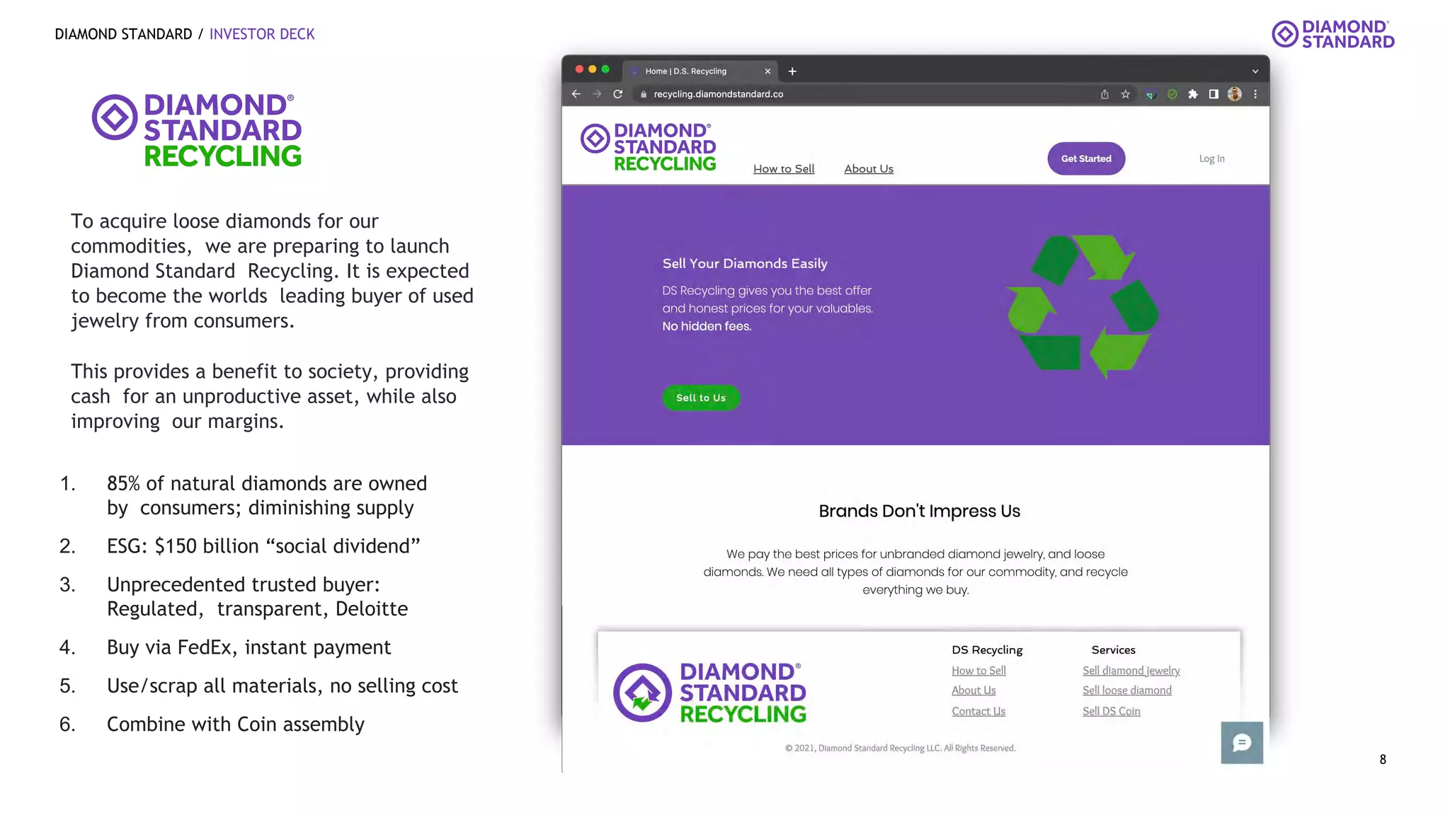 DIAMOND STANDARD / INVESTOR DECK
To acquire loose diamonds for our
commodities, we are preparing to launch
Diamond Standard Recycling. It is expected
to become the worlds leading buyer of used
jewelry from consumers.
This provides a benefit to society, providing
cash for an unproductive asset, while also
improving our margins.
1. 85% of natural diamonds are owned
by consumers; diminishing supply
2. ESG: $150 billion “social dividend”
3. Unprecedented trusted buyer:
Regulated, transparent, Deloitte
4. Buy via FedEx, instant payment
5. Use/scrap all materials, no selling cost
6. Combine with Coin assembly
8
 