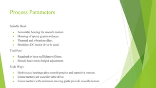 Process Parameters
Spindle Head
● Aerostatic bearing for smooth motion.
● Housing of epoxy granite reduces.
● Thermal and vibration effect.
● Brushless DC motor drive is used.
Tool Post
● Required to have sufficient stiffness.
● Should have micro height adjustment.
Slide Ways
● Hydrostatic bearings give smooth precise and repetitive motion.
● Linear motors are used for table drive.
● Linear motors with minimum moving parts provide smooth motion.
21
 