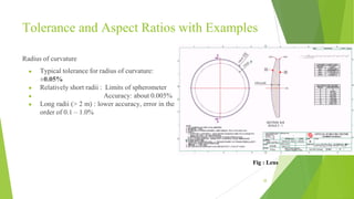 Tolerance and Aspect Ratios with Examples
Radius of curvature
● Typical tolerance for radius of curvature:
±0.05%
● Relatively short radii : Limits of spherometer
● Accuracy: about 0.005%
● Long radii (> 2 m) : lower accuracy, error in the
order of 0.1 – 1.0%
38
Fig : Lens
 