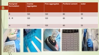 Assigned
formulation
Coarse
aggregates
Fine aggregates Portland cement water
E 120 120 60 33
E . R 120 120 60 33
H 240 120 60 33
 