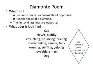 Diamonte Poem What is it? A Diamonte poem is a poems about opposites. It is in the shape of a diamond. The first and last lines are opposite! What does it look like? Cat clever, cuddly crouching, pouncing, purring meow, feline, canine, bark running, sniffing, yelping loveable, smart Dog See how the poem resembles a diamond