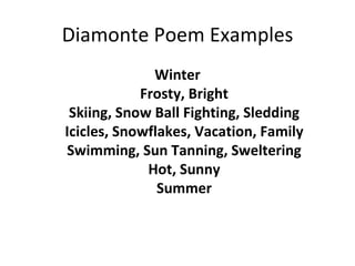 Diamonte Poem Examples Winter Frosty, Bright Skiing, Snow Ball Fighting, Sledding Icicles, Snowflakes, Vacation, Family Swimming, Sun Tanning, Sweltering Hot, Sunny Summer