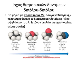Ισχύς διαμοριακών δυνάμεων
διπόλου-διπόλου
• Για μόρια με παραπλήσια Μr, όσο μεγαλύτερη η μ
τόσο ισχυρότερες οι διαμοριακές δυνάμεις (τόσο
υψηλότερο το σ.ζ. & τόσο ευκολότερα υγροποιείται
αέρια ουσία)
Πέτρος Καραπέτρος, 1ο ΓΕΛ Χαλανδρίου
 