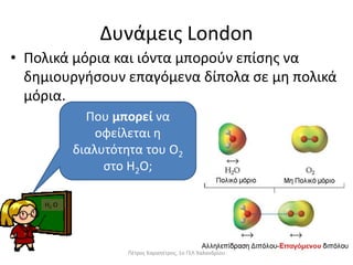 Δυνάμεις London
• Πολικά μόρια και ιόντα μπορούν επίσης να
δημιουργήσουν επαγόμενα δίπολα σε μη πολικά
μόρια.
H2 O
Που μπορεί να
οφείλεται η
διαλυτότητα του Ο2
στο Η2Ο;
Πέτρος Καραπέτρος, 1ο ΓΕΛ Χαλανδρίου
 