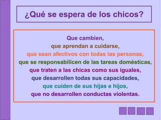 ¿Qué se espera de los chicos? Que cambien, que aprendan a cuidarse, que sean afectivos con todas las personas, que se responsabilicen de las tareas domésticas, que traten a las chicas como sus iguales, que desarrollen todas sus capacidades, que cuiden de sus hijas e hijos, que no desarrollen conductas violentas. 