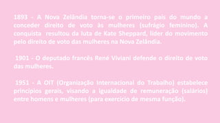 1893 - A Nova Zelândia torna-se o primeiro país do mundo a
conceder direito de voto às mulheres (sufrágio feminino). A
conquista resultou da luta de Kate Sheppard, líder do movimento
pelo direito de voto das mulheres na Nova Zelândia.
1901 - O deputado francês René Viviani defende o direito de voto
das mulheres.
1951 - A OIT (Organização Internacional do Trabalho) estabelece
princípios gerais, visando a igualdade de remuneração (salários)
entre homens e mulheres (para exercício de mesma função).
 