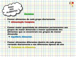 Devemos: Comer alimentos de cada grupo diariamente     Alimentação Completa . Comer maior quantidade de alimentos pertencentes aos grupos de maior dimensão e menor quantidade dos alimentos que se encontram nos grupos de menor dimensão     Equilíbrio Alimentar . Comer alimentos diferentes dentro de cada grupo, variando diariamente e nas diferentes épocas do ano     Variedade de Alimentos .  RODA  DOS ALIMENTOS 