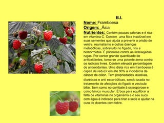 B.I.
Nome: Framboesa
Origem: Ásia
Nutrientes: Contém poucas calorias e é rica
em vitamina C. Contem uma fibra insolúvel em
suas sementes que ajuda a prevenir a prisão de
ventre, reumatismo e outras doenças
metabólicas, sobretudo no fígado, rins e
hemorróidas. É poderosa contra as indesejadas
rugas. Por conter grande quantidade de
antioxidantes, torna-se uma potente arma contra
os radicais livres. Contem elevada percentagem
de antioxidantes. Uma dieta rica em framboesa é
capaz de reduzir em até 80% a incidência de
câncer de cólon. Tem propriedades laxativas,
diuréticas e anti escorbúticas, sendo usada no
tratamento de afecções do fígado e vesícula
biliar, bem como no combate à osteoporose e
como tónico muscular. É boa para equilibrar a
falta de vitaminas no organismo e o seu suco
com água é indicado para tirar a sede e ajudar na
cura de doentes com febre.

 