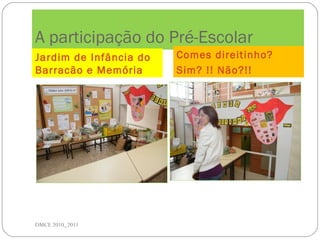 A participação do Pré-Escolar
Jardim de Infância do
Barracão e Memória
Comes direitinho?
Sim? !! Não?!!
DMCE 2010_2011
 