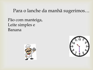 Para o lanche da manhã sugerimos…
Pão com manteiga,
Leite simples e
Banana

 