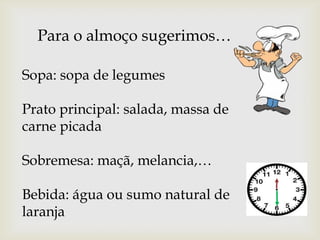 Para o almoço sugerimos…
Sopa: sopa de legumes
Prato principal: salada, massa de
carne picada
Sobremesa: maçã, melancia,…
Bebida: água ou sumo natural de
laranja

 