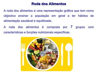 Roda dos Alimentos A roda dos alimentos é uma representação gráfica que tem como objectivo ensinar a população em geral a ter hábitos de alimentação saudável e equilibrada.  A roda dos alimentos é composta por  7  grupos com características e funções nutricionais específicas. 