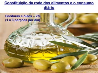 Gorduras e óleos – 2%
(1 a 3 porções por dia)
Constituição da roda dos alimentos e o consumo
diário
 