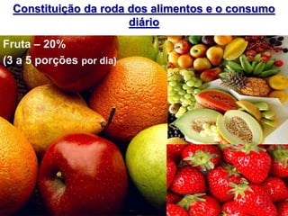 Fruta – 20%
(3 a 5 porções por dia)
Constituição da roda dos alimentos e o consumo
diário
 