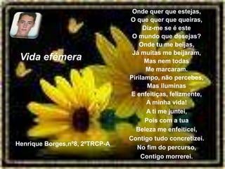 Henrique Borges,nº8, 2ºTRCP-A
Onde quer que estejas,
O que quer que queiras,
Diz-me se é este
O mundo que desejas?
Onde tu me beijas,
Já muitas me beijaram,
Mas nem todas
Me marcaram.
Pirilampo, não percebes,
Mas iluminas
E enfeitiças, felizmente,
A minha vida!
A ti me juntei,
Pois com a tua
Beleza me enfeiticei,
Contigo tudo concretizei.
No fim do percurso,
Contigo morrerei.
Vida efémera
 