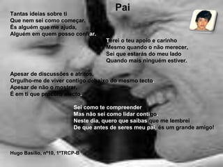 PaiTantas ideias sobre tiQue nem sei como começar.És alguém que me ajuda,Alguém em quem posso confiar.                                                              Terei o teu apoio e carinhoMesmo quando o não merecer,                                                              Sei que estarás do meu lado                                                              Quando mais ninguém estiver.Apesar de discussões e atritos,Orgulho-me de viver contigo debaixo do mesmo tecto.Apesar de não o mostrar,É em ti que procuro afecto.                                         Sei como te compreender                                         Mas não sei como lidar contigo.                                         Neste dia, quero que saibas que me lembrei                                         De que antes de seres meu pai, és um grande amigo!Hugo Basílio, nº10, 1ºTRCP-B
