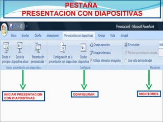 PESTAÑA  PRESENTACION CON DIAPOSITIVAS CONFIGURAR MONITORES INICIAR PRESENTACION CON DIAPOSITIVAS  