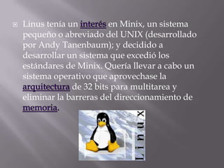 Linus tenía un interés en Minix, un sistema pequeño o abreviado del UNIX (desarrollado por Andy Tanenbaum); y decidido a desarrollar un sistema que excedió los estándares de Minix. Quería llevar a cabo un sistema operativo que aprovechase la arquitectura de 32 bits para multitarea y eliminar la barreras del direccionamiento de memoria.