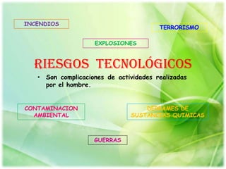 INCENDIOS
                                        TERRORISMO

                    EXPLOSIONES



  Riesgos tecnológicos
   • Son complicaciones de actividades realizadas
     por el hombre.


CONTAMINACION                      DERRAMES DE
  AMBIENTAL                    SUSTANCIAS QUIMICAS



                    GUERRAS
 