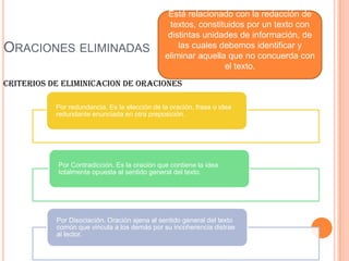 ORACIONES ELIMINADAS
Está relacionado con la redacción de
textos, constituidos por un texto con
distintas unidades de información, de
las cuales debemos identificar y
eliminar aquella que no concuerda con
el texto.
CRITERIOS DE ELIMINICACION DE ORACIONES
Por redundancia. Es la elección de la oración, frase o idea
redundante enunciada en otra preposición.
Por Contradicción. Es la oración que contiene la idea
totalmente opuesta al sentido general del texto.
Por Disociación. Oración ajena al sentido general del texto
común que vincula a los demás por su incoherencia distrae
al lector.
 