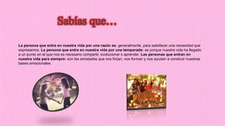 La persona que entra en nuestra vida por una razón es: generalmente, para satisfacer una necesidad que
expresamos. La persona que entra en nuestra vida por una temporada: es porque nuestra vida ha llegado
a un punto en el que nos es necesario compartir, evolucionar o aprender. Las personas que entran en
nuestra vida para siempre: son las amistades que nos forjan, nos forman y nos ayudan a construir nuestras
bases emocionales.
 
