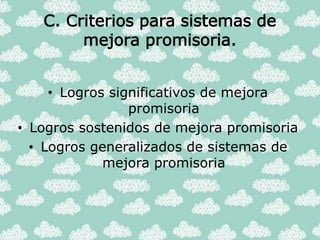 C. Criterios para sistemas de
mejora promisoria.
• Logros significativos de mejora
promisoria
• Logros sostenidos de mejora promisoria
• Logros generalizados de sistemas de
mejora promisoria
 