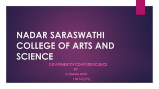 NADAR SARASWATHI
COLLEGE OF ARTS AND
SCIENCE
DEPARTMENTOF COMPUTERSCIENCE
BY
K.DIANA DEVI
I M.SC(CS)
 