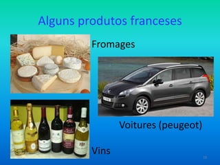 Alguns produtos franceses
Fromages

Voitures (peugeot)
Vins

19

 