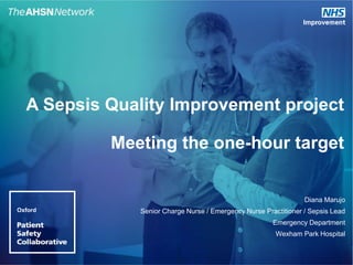 A Sepsis Quality Improvement project
Meeting the one-hour target
Diana Marujo
Senior Charge Nurse / Emergency Nurse Practitioner / Sepsis Lead
Emergency Department
Wexham Park Hospital
Oxford
 