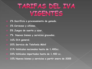 Se causa sobre el valor comercial de la operación que no puede ser inferior al valor comercial en plaza del animalArrendamiento de inmuebles diferentes a vivienda y de espacios para exposiciones y muestras artesanales nacionales- Servicios de aseo, vigilancia y temporales de empleo en la parte correspondiente al AIU.- Planes de medicina prepagada- Pólizas de seguros de cirugía y hospitalización- Pólizas de seguros de servicios de salud.7%