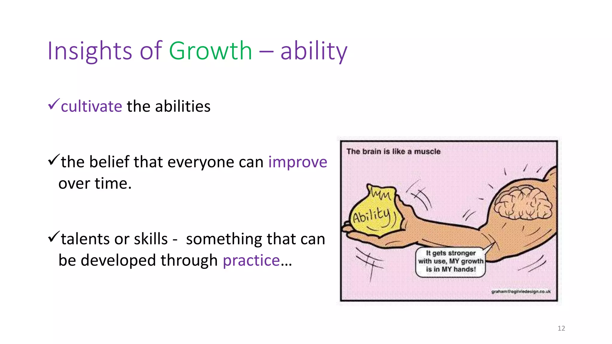 Insights of Growth – ability
12
cultivate the abilities
the belief that everyone can improve
over time.
talents or skills - something that can
be developed through practice…
 