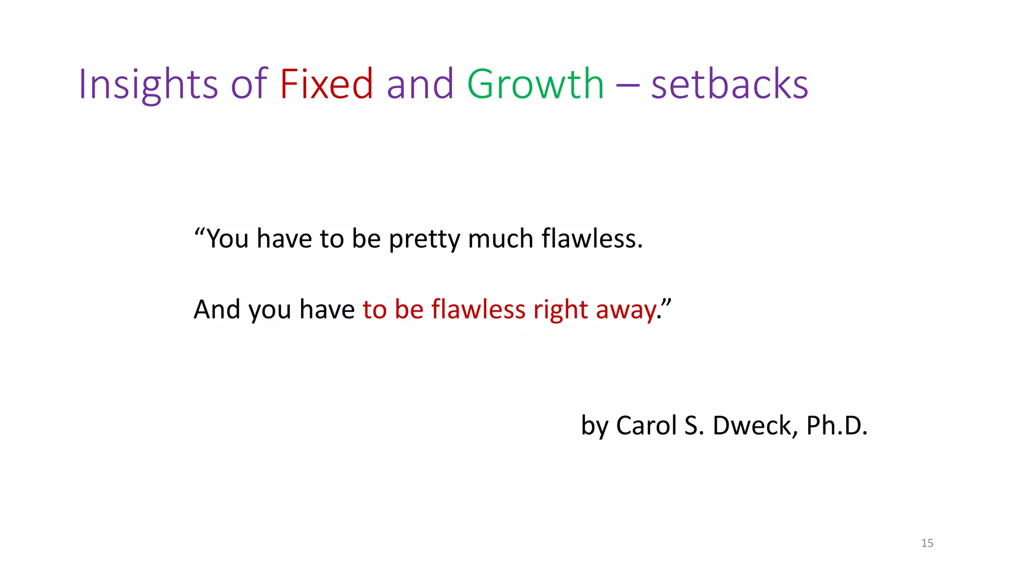 Insights of Fixed and Growth – setbacks
15
“You have to be pretty much flawless.
And you have to be flawless right away.”
by Carol S. Dweck, Ph.D.
 
