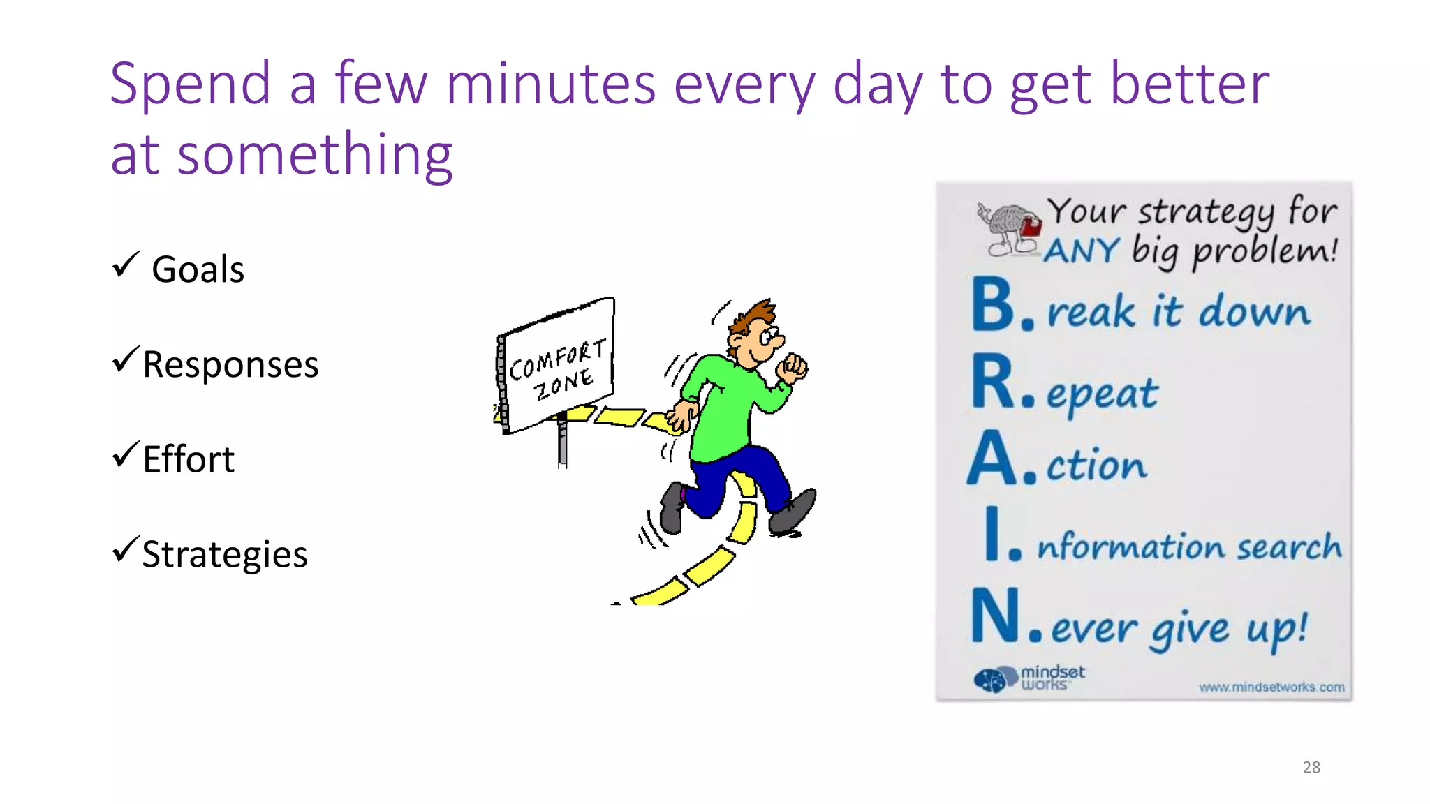 Spend a few minutes every day to get better
at something
28
 Goals
Responses
Effort
Strategies
 