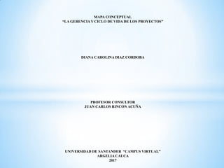 MAPA CONCEPTUAL
“LA GERENCIAY CICLO DE VIDA DE LOS PROYECTOS”
DIANA CAROLINA DIAZ CORDOBA
PROFESOR CONSULTOR
JUAN CARLOS RINCON ACUÑA
UNIVERSIDAD DE SANTANDER “CAMPUS VIRTUAL”
ARGELIA CAUCA
2017
 