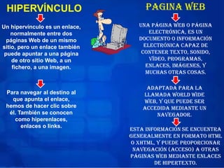 HIPERVÍNCULO
Un hipervínculo es un enlace,
normalmente entre dos
páginas Web de un mismo
sitio, pero un enlace también
puede apuntar a una página
de otro sitio Web, a un
fichero, a una imagen.
Para navegar al destino al
que apunta el enlace,
hemos de hacer clic sobre
él. También se conocen
como hiperenlaces,
enlaces o links.
Pagina web
Una página web o página
electrónica, es un
documento o información
electrónica capaz de
contener texto, sonido,
vídeo, programas,
enlaces, imágenes, y
muchas otras cosas.
adaptada para la
llamada World Wide
Web, y que puede ser
accedida mediante un
navegador.
Esta información se encuentra
generalmente en formato HTML
o XHTML, y puede proporcionar
navegación (acceso) a otras
páginas web mediante enlaces
de hipertexto.
 