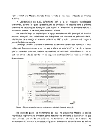 PDF e Plataforma Moodle; Revisão Final; Revisão Conteudistas e Cessão de Direitos
Autorais.
      A Coordenação da EaD, juntamente com a ETIC, realizava capacitações
semestrais, durante as quais apresentavam as propostas de trabalho para o próximo
semestre. As capacitações abrangiam duas etapas: o Treinamento no ambiente de Aula –
Plataforma Moodle - e a Produção do Material Didático.
      Na primeira etapa da capacitação, a equipe responsável pela produção do material
didático entregava aos professores um fluxograma que continha as principais datas,
orientações para entrega do material didático ao ETIC e todo o percurso até chegar à
versão final desse material.
       A equipe também orientava os docentes sobre como deveria ser produzido o livro-
texto, qual linguagem usar, uma vez que o aluno deveria “ouvir” a voz do professor
quando estivesse lendo seu material. Os docentes também eram orientados a produzir ou
elaborar o livro-texto de acordo com as seguintes diretrizes: clareza, rapidez, precisão e
dinamicidade.




     Figura 1: Fluxograma entregue aos professores - principais datas de produção


     Na segunda parte, no treinamento de aula na plataforma Moodle, a equipe
responsável explicava ao professor como trabalhar no ambiente e auxiliava-o no que
fosse preciso. Era aberto um ambiente de treinamento, chamado de Ambiente de
Treinamento 19, para que o professor pesquisador conhecesse as ferramentas do Moodle
                                                                                       11
 