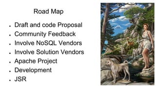 Road Map
● Draft and code Proposal
● Community Feedback
● Involve NoSQL Vendors
● Involve Solution Vendors
● Apache Project
● Development
● JSR
 