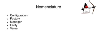 Nomenclature
● Configuration
● Factory
● Manager
● Entity
● Value
 
