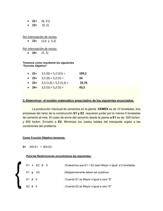  Z1= (0, 21)
 Z2= (0 ,5)
Por intercepción de rectas:
 Z3= (1,6 y 3,3)
Por intercepción de rectas:
 Z4= (5, 5)
Tenemos como resultante las siguientes
"Función Objetivo"
 Z1= 3,5 (0) + 5,2 (21) = 109,2
 Z2= 3,5 (0) + 5,2 (5) = 26
 Z3= 3,5 (1,6) + 5,2 (3,3) = 22,76
 Z4= 3,5 (5) + 5,2 (5) = 43,5
3.-Determinar el modelo matemático prescriptivo de los siguientes enunciados.
La producción mensual de cementos en la planta CEMEX es de 10 toneladas, dos
empresas del ramo de la construcción E1 y E2 requieren juntar por lo menos 5 toneladas
de cemento al mes. El costo de envío del cemento desde la planta a E1 es de 500 bs/ton.
y 600 bs/ton. Enviarlo a E2. Minimizar los costos totales del transporte sujeta a las
condiciones del problema.
Como Función Objetivo tenemos:
Z= 500 E1 + 600 E2
Para las Restricciones encontramos las siguientes:
E1 + E2 ≥ 5 ; Evaluamos que E1 + E2 sean Mayor o Igual a 5 toneladas
E1 y E2 ;Obligatoriamente deben ser positivos
E1 ≥ 0 ; Cuando E1 es Mayor o Igual a cero "0"
E2 ≥ 0 ; Cuando E2 es Mayor o Igual a cero "0"
 