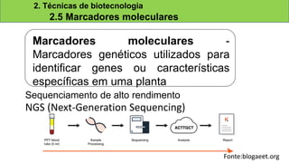 Fonte:blogaeet.org
Marcadores moleculares -
Marcadores genéticos utilizados para
identificar genes ou características
específicas em uma planta
2. Técnicas de biotecnologia
2.5 Marcadores moleculares
Sequenciamento de alto rendimento
NGS (Next-Generation Sequencing)
16
 