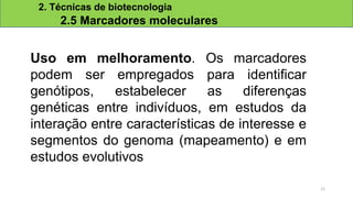 2. Técnicas de biotecnologia
2.5 Marcadores moleculares
Uso em melhoramento. Os marcadores
podem ser empregados para identificar
genótipos, estabelecer as diferenças
genéticas entre indivíduos, em estudos da
interação entre características de interesse e
segmentos do genoma (mapeamento) e em
estudos evolutivos
21
 