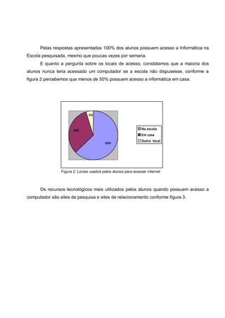Pelas respostas apresentadas 100% dos alunos possuem acesso a Informática na
Escola pesquisada, mesmo que poucas vezes por semana.
      E quanto a pergunta sobre os locais de acesso, constatamos que a maioria dos
alunos nunca teria acessado um computador se a escola não dispusesse, conforme a
figura 2 percebemos que menos de 50% possuem acesso a informática em casa.




                                5%



                       32%                                     Na escola
                                                               Em casa
                                                               Outro local
                                         63%




                Figura 2: Locais usados pelos alunos para acessar internet



      Os recursos tecnológicos mais utilizados pelos alunos quando possuem acesso a
computador são sites de pesquisa e sites de relacionamento conforme figura 3.
 