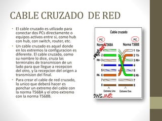 CABLE CRUZADO DE RED
• El cable cruzado es utlizado para
conectar dos PCs directamente o
equipos activos entre si, como hub
con hub, con switch, router, etc.
• Un cable cruzado es aquel donde
en los extremos la configuracion es
diferente. El cable cruzado, como
su nombre lo dice, cruza las
terminales de transmision de un
lado para que llegue a recepcion
del otro, y la recepcion del origen a
transmision del final.
• Para crear el cable de red cruzado,
lo unico que deberá hacer es
ponchar un extremo del cable con
la norma T568A y el otro extremo
con la norma T568B.
 