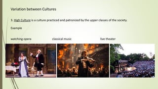Variation between Cultures
Example
3. High Culture is a culture practiced and patronized by the upper classes of the society.
watching opera classical music live theater
 