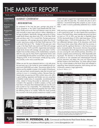 THE MARKET REPORT                                                                                  By Diana M. Peterson, J.D.

 Trends and News in Chicago Residential and Commercial Real Estate                                                                                                              PAGE 1


CONTENTS           MARKET OVERVIEW                                                            market indicators suggest that single family homes in Lakeview
QUARTER 2 | 2010                                                                              may soon suffer the same fate. For clients who plan to sell in
                                                                                              Lakeview, I recommend listing their property as soon as pos-
Market Overview:                                                                              sible, in order to avoid a potentially substantial loss in market
Residential        As compared to this time last year, average sale prices of                 value.
                   luxury properties in the Gold Coast/Streeterville/Old Town
Mortgage News      (Near North) and Lincoln Park and Lakeview areas are down                  With most luxury properties in the city holding their value, this
                   only nominally in some cases and up in others, depending on                is still a good time to sell. It is also a great time to purchase a
Property Taxes     the type of property. Specifically, average sale prices of luxury          home on the North Shore, where average sale prices are down
                   single family homes were down only 2.5% in the Near North                  as much as 15% to 30% over last year in Deerfield (down
Market Overview:   area and down only 3.7% in Lincoln Park. The best performing               19.5%), Kenilworth (down 21.8%), Lake Forest (down 19.5%),
Commercial         luxury properties, with average sale prices higher than the pri-           Northbrook (down 15.8%) & Winnetka (down 27%). The cur-
                   or year, were luxury condos in the Near North area (up 3.7%)               rent differential between many of the downtown and North
Legal Issues       and Lincoln Park (up 6.7%). Hardest hit this past year were                Shore luxury home values likely reflects both the economy in
                   co-ops in the Near North area and Lincoln Park (with average               general and the significant downturn in the financial services
                   sale prices down 14.8% and 24%, respectively) and Lakeview                 sector, more particularly. The economic downturn has put pres-
                   single family homes (with average sale prices down 16.8%).                 sure on developers who built mega mansions speculatively and
                   Market times (number of days on the market before a property               are now carrying the costs of land purchase, demolition, con-
                   sells) this past year for Near North single family homes were              struction, property taxes and financing, while desperately seek-
                   up substantially (28.6%) and for Lincoln Park co-ops were up a             ing buyers. The downturn in the financial services sector has
                   whopping 47.9%. In this environment, initially pricing a prop-             put pressure on over extended and underemployed financial
                   erty correctly is even more crucial than ever.                             services executives and others who must now downsize and
                                                                                              sell their homes on the North Shore. For clients willing to leave
                   Where we saw the most substantial decline in city sale prices              the city, or those already on the North Shore and interested in
                   this past year was in the market for more modestly priced con-             upgrading, these distressed properties, both existing and new
                   dominiums ($400,000 and under). The primary reason for this                construction, present a huge opportunity.
                   decline was the sizeable increase in the number of foreclosure,            By Diana M. Peterson, J.D. ©
                   short sale and bank owned property sales that occurred and
                   continue to occur in increasing numbers. Because these dis-                LAKEVIEW ($1,000,000+)
                   tressed sales are growing and often include many units within               TYPE            MEDIAN+        % CHANGE*             MARKET TIME**      % CHANGE*

                   a given building, appraisers and lenders are now using them                 CONDOS          $1,606,875     -3.5%                 148                +18.2%
                   to establish market value of comparable, non-distressed prop-               SINGLE FAMILY   $1,463,235     -16.8%                245                +6.1%
                   erties; instead of being discounted as aberrations, and not                NORTH SHORE ($1,000,000+)
                   included in the appraiser or lender’s analysis, as they would               TYPE            MEDIAN+       % CHANGE*              MARKET TIME**      % CHANGE*

                   have been in the past, these distressed sales are now the norm              DEERFIELD       $1,090,625    -19.5%                 412                +43.9%
                   and counted as true comparables. This substantially reduces                 EVANSTON        $1,303,452    +0.7%                  187                +38%
                   the market value of non-distressed properties that close within             GLENCOE         $1,820,450    +6.8%                  304                +9.9%
                   the following three to six months. While this trend primarily               GLENVIEW        $1,339,525    -3.3%                  291                +15.8%
                   has occurred in the lower priced condominium market, current                HIGHLAND PARK   $1,562,631    +7.5%                  372                +0.3%

                                                                                               KENILWORTH      $1,789,666    -21.8%                 346                +8.4%

                   GOLD COAST/STREETERVILLE/OLD TOWN (NEAR NORTH) ($1,000,000+)                LAKE BLUFF      $1,289,464    -8.2%                  280                +9.6%

                   TYPE            MEDIAN+      % CHANGE*   MARKET TIME**   % CHANGE*          LAKE FOREST     $1,745,320    -19.5%                 249                -20.8%

                   CONDOS          $1,809,541   +3.7%       217             -5.5%              NORTHBROOK      $1,284,005    -15.8%                 482                +26.8%

                   CO-OPS          $1,640,250   -14.8%      413             -42.4%             NORTHFIELD      $1,785,000    +17%                   370                +45%

                   SINGLE FAMILY   $2,673,500   -2.5%       433             +28.6%             SKOKIE          $1,082,500    -5.1%                  880                +93.9%

                   LINCOLN PARK ($1,000,000+)                                                  WILMETTE        $1,436,060    +1.3%                  170                -24.2%

                   TYPE            MEDIAN+      % CHANGE*   MARKET TIME**   % CHANGE*          WINNETKA        $1,690,509    -27%                   229                +10.5%

                   CONDOS          $1,667,692   + 6.7%      146             -2.0 %
                                                                                              +Median is the Average Sale Price during the last 12 Months (8/09 to 8/10).
                   CO-OPS          $2,283,333   -24%        280             +47.9%            *% change represents the difference between data from 8/08 to 8/09 and 8/09 to 8/10.
                                                                                              **Market Time is the number of days on the market before property is sold.
                   SINGLE FAMILY   $1,964,600   -3.7%       186             -6.5%             This information is based on data obtained from MRED 8/5/10.




                   DIANA M. PETERSON, J.D.                                           Commercial and Residential Real Estate Broker, Attorney
                   312.218.6102 | dmpeterson@koenigstrey.com | www.dianapeterson.net
                                                                                                                                                                         QUARTER 2 | 2010
 