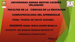 UNIVERSIDAD ANDINA NESTOR CACERES
VELASQUEZ
FACULTAD DE LA CIENCIAS DE LA EDUCACION
CURSO:PSICOLOGIA DEL APRENDIZAJE
DOCEN...