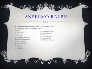 ANSELMO RALPH
    As Últimas Histórias de Amor (2006) 11 – Não Vai Dar Parte 2
01 – Não Vim do Nada11 – Não Vai Dar Parte 2)
02 – Ela É
                                         11 – Não Vai Dar Parte 2
03 – Minha Bebe                          12 – Sou Teu escravo
04 – Não liga                            13 – Padrasto
05 – Agora já podes dançar               14 – Não Há Problema
                                         15 – Estou Batendo
06 – O Meu Melhor Amigo                  16 – 1,2 (Versão Estúdio)
07 – Pós Casamento
08 – Não Vai Embora
09 – Deixa vir
10 – Um Dois
 
