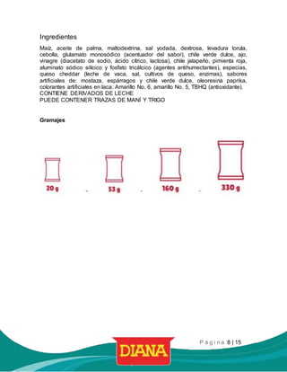 P á g i n a 8 | 15
Ingredientes
Maíz, aceite de palma, maltodextrina, sal yodada, dextrosa, levadura torula,
cebolla, glutamato monosódico (acentuador del sabor), chile verde dulce, ajo,
vinagre (diacetato de sodio, ácido cítrico, lactosa), chile jalapeño, pimienta roja,
aluminato sódico silícico y fosfato tricálcico (agentes antihumectantes), especias,
queso cheddar (leche de vaca, sal, cultivos de queso, enzimas), sabores
artificiales de: mostaza, espárragos y chile verde dulce, oleoresina paprika,
colorantes artificiales en laca: Amarillo No. 6, amarillo No. 5, TBHQ (antioxidante).
CONTIENE DERIVADOS DE LECHE
PUEDE CONTENER TRAZAS DE MANÍ Y TRIGO
Gramajes
 