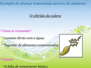 Exemplo de doença transmitida através do ambiente:     O vibrião da colera       * Como se transmite?        * contato direto com a água;        *Ingestão de alimentos contaminados;       * Causas:        *A falta de saneamento básico;        *os maus hábitos de higiene;        *condições precárias de vida;   